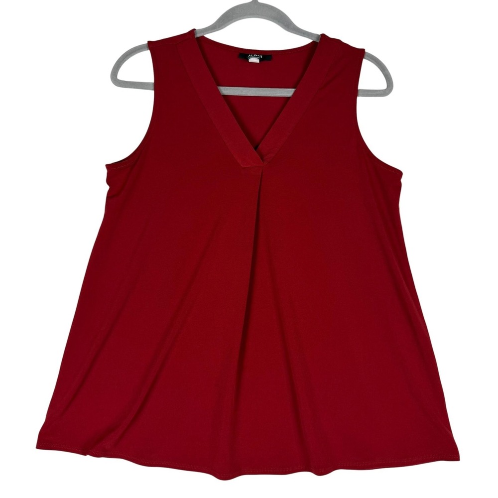 Alfani Blouse Womens Petite Medium‎ Red V Neck Sleeveless Pleated Stretch Top